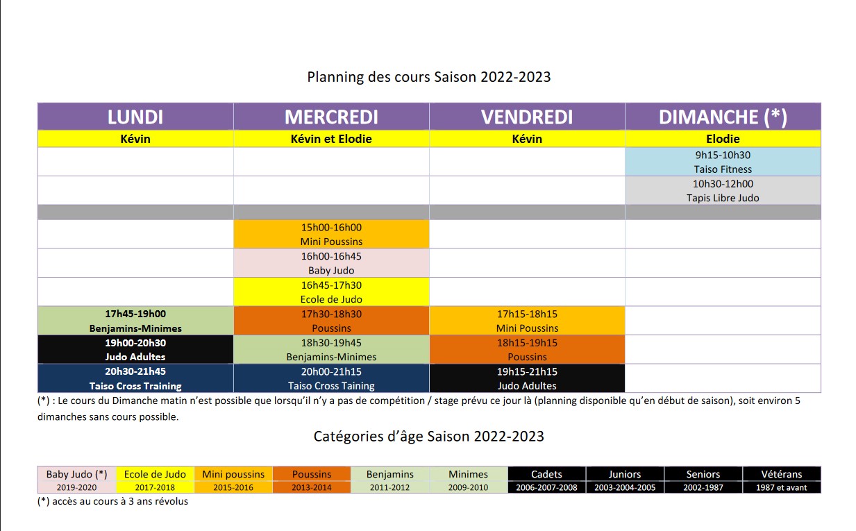Planning des cours Saison 2022 / 2023
